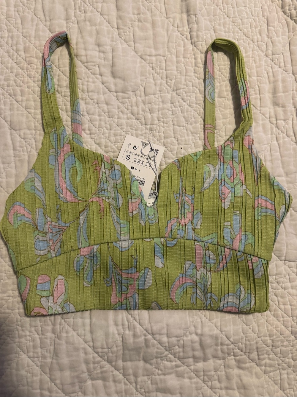 Zara Green Printed Ribbed Crop Top with Pastel Accents